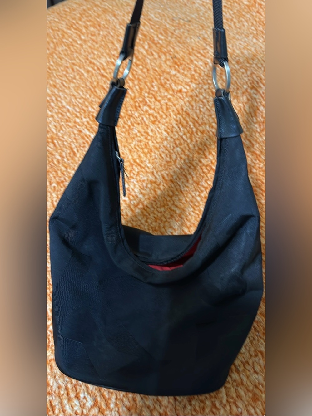 DKNY Black Jacquard Logo Nylon Hobo Shoulder Bag with Red Interior